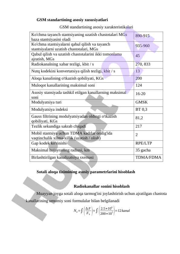 Gsm standartining asosiy xususiyatlari va parametrlar