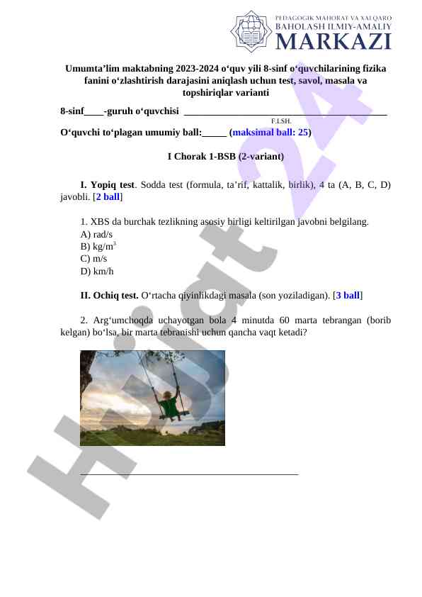 Fizika faniga oid testlar va masalalar varianti