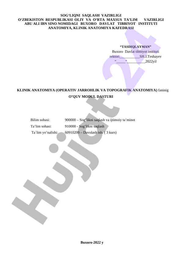 Anatomiya fanining o‘quv modul dasturi buxoro 2022