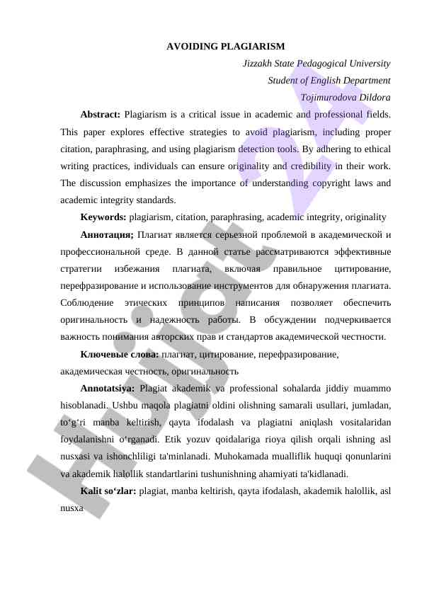 Plagiarismni oldini olish strategiyalari