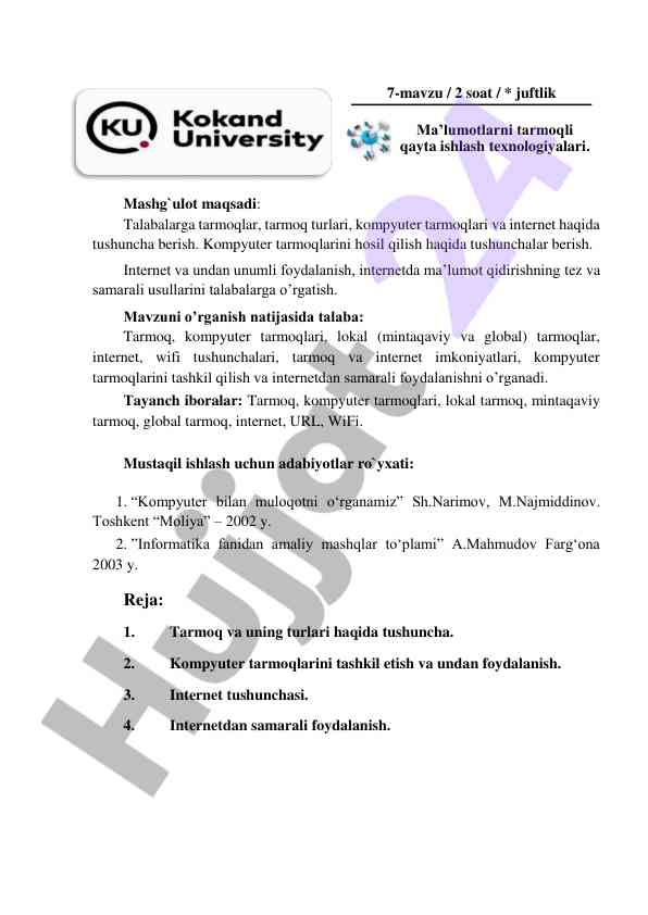 Tarmoqlar va internet bilan tanishtirish mashg‘uloti