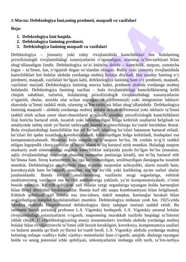 Defektologiya fani va uning vazifalari