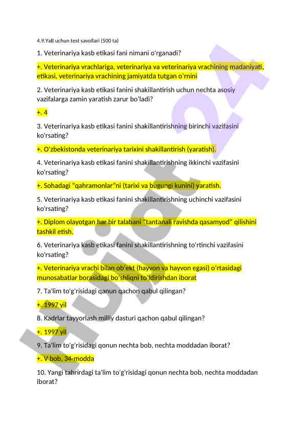 Veterinariya kasb etikasi faniga doir test savollari