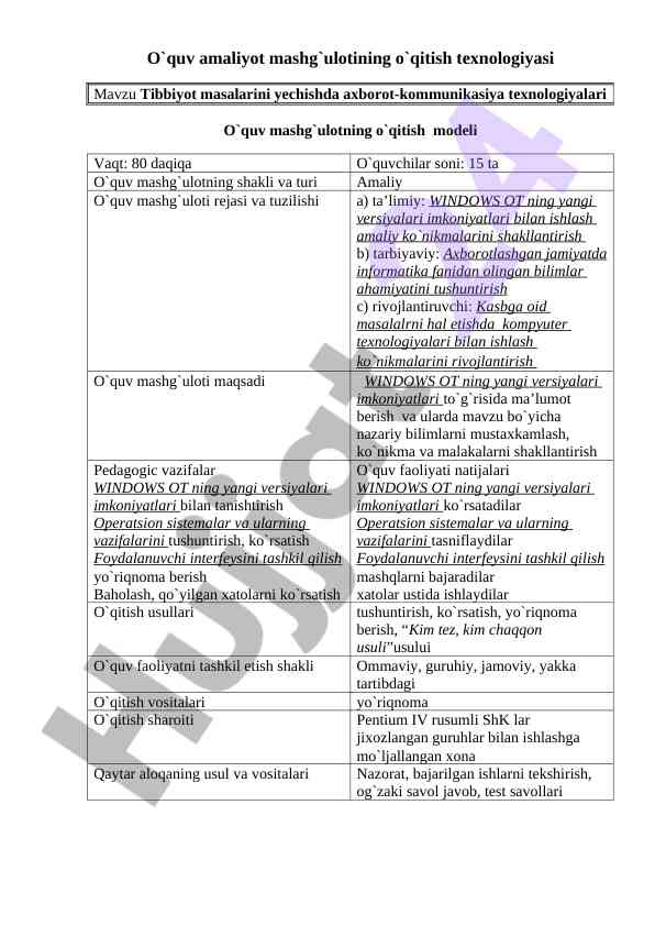 O‘quv amaliyot mashg‘ulotlari uchun o‘qitish texnologiyalari