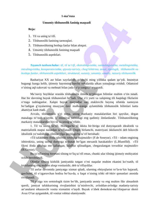 Umumiy tilshunoslik fanining maqsadlari va aspektlari