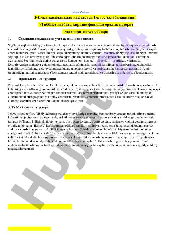 Tibbiyot kasbiga kirish fanidan oralik nazorat saollari