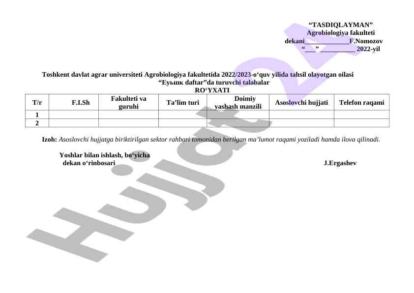 Toshkent davlat agrar universiteti talabalar ro'yxati