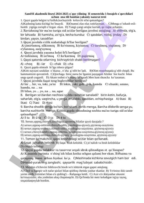 Ona tili fanidan yakuniy nazorat testi 2024-2025