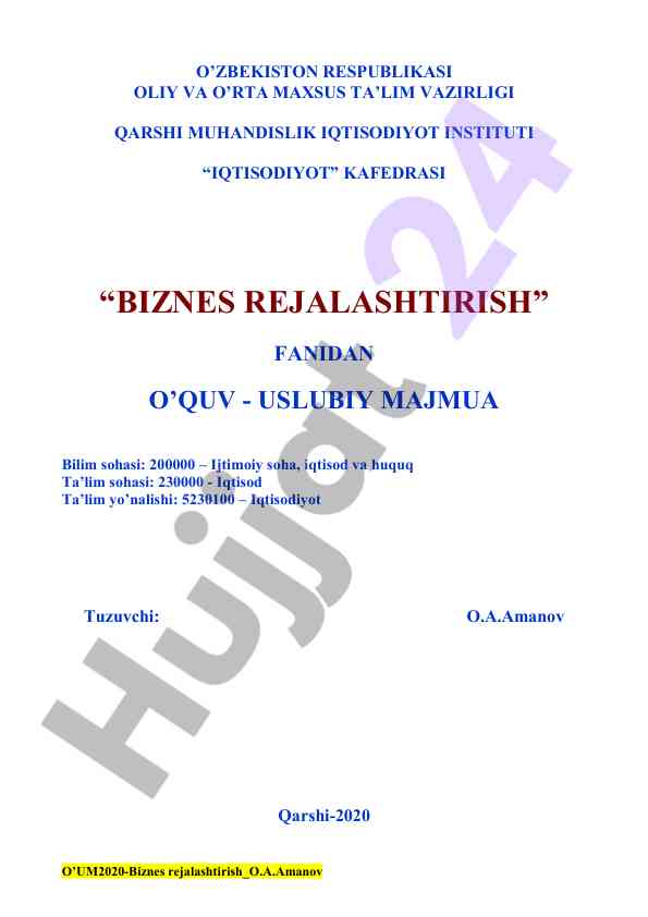 Biznes rejalashtirish fanidan o‘quv-uslubiy majmua
