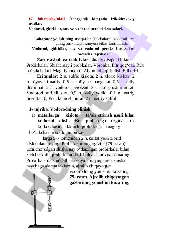 Vodorod va gidridlar bo‘yicha tajribalar