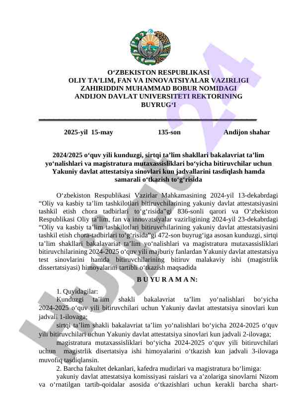 Yakuniy davlat attestatsiya sinovlari jadvallari