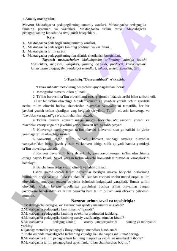 Maktabgacha pedagogika asoslari va amaliy mashg‘ulotlar