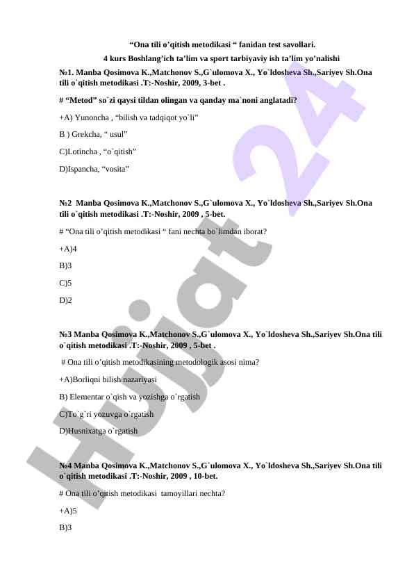 Ona tili o‘qitish metodikasi test savollari