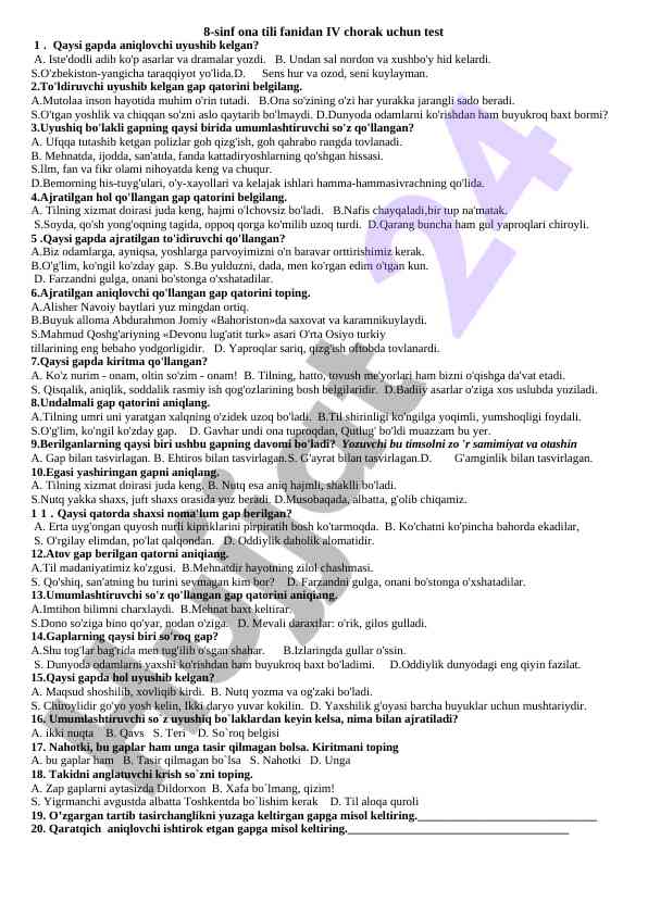 8-sinf ona tili fanidan iv chorak uchun test