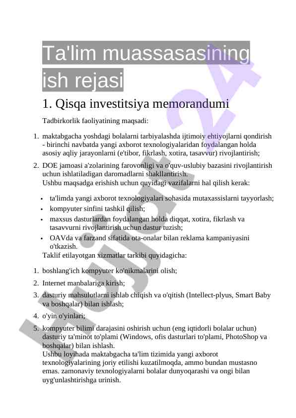 Ta'lim muassasasining ish rejasi va investitsiya memorandumi