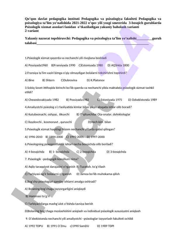 Psixologik xizmat asoslari baholash varianti