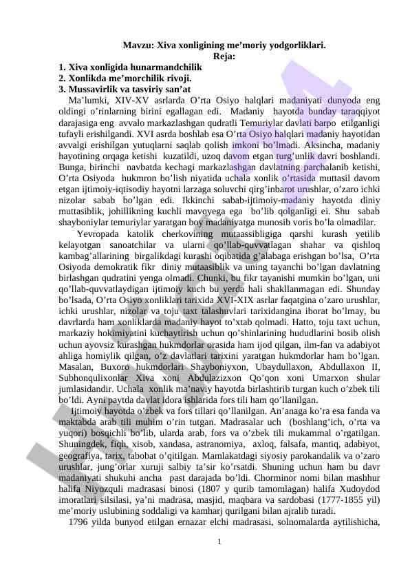Xiva xonligining me’moriy yodgorliklari tahlili