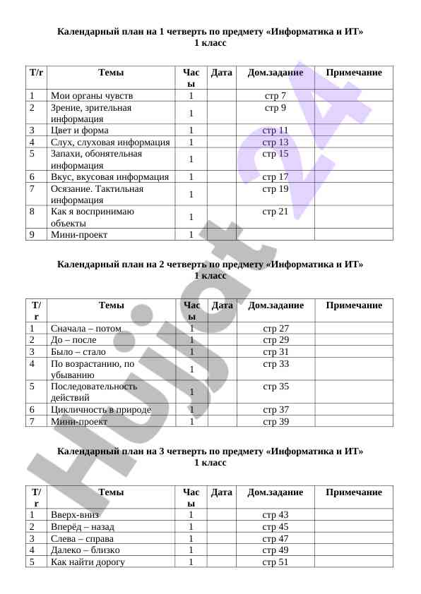 Календарный план по информатике и ит для 1 класса