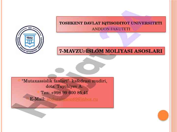 Islom moliya asoslari: nazariy manbalar va tamoyillar