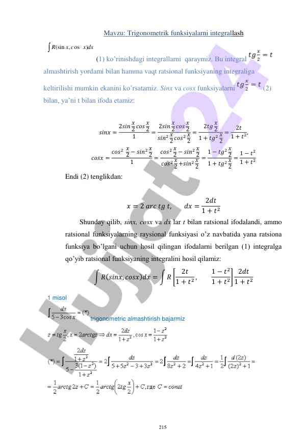 Trigonometrik funksiyalarni integrallash jaryoni