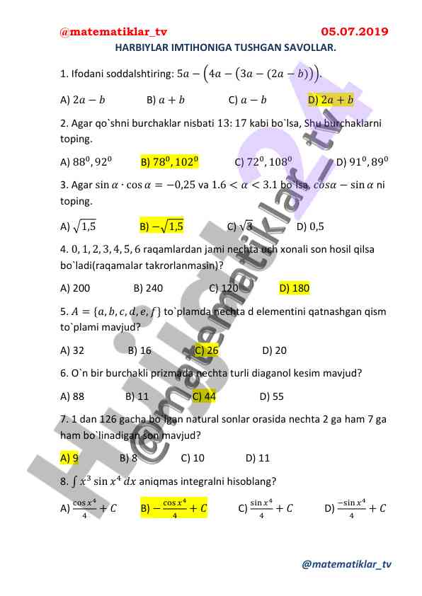 Matematika testlarining harbiylar imtihoni savollari