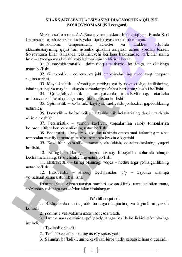 Shaxs aktsentuatsiyasini diagnostika qilish so’rovnomasi