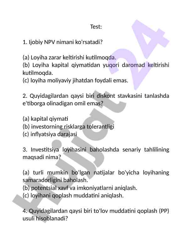 Investitsiya loyihalari baholash testlari