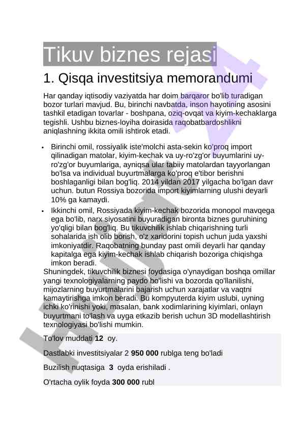 Tikuv biznes rejasi va investitsiya memorandumi