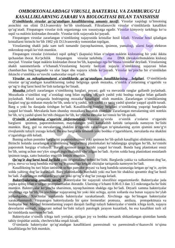 O‘simliklarda virusli kasalliklarning biologiyasi
