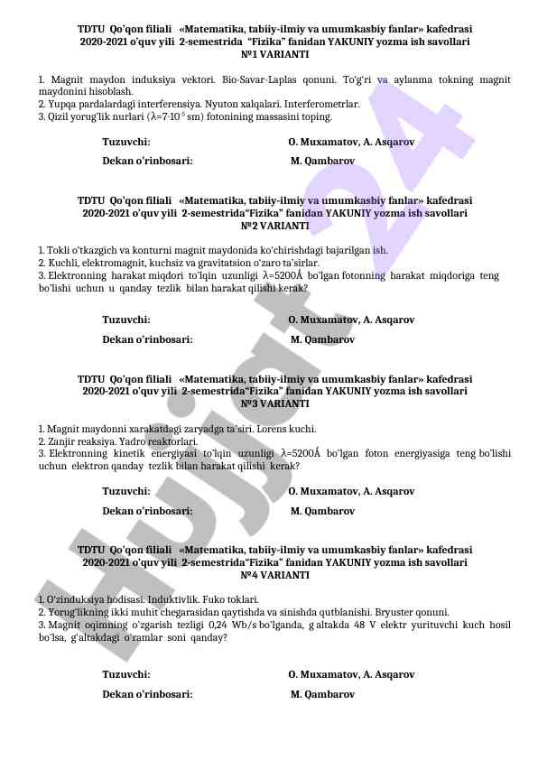 Fizika fanidan yakuniy yozma ish savollari