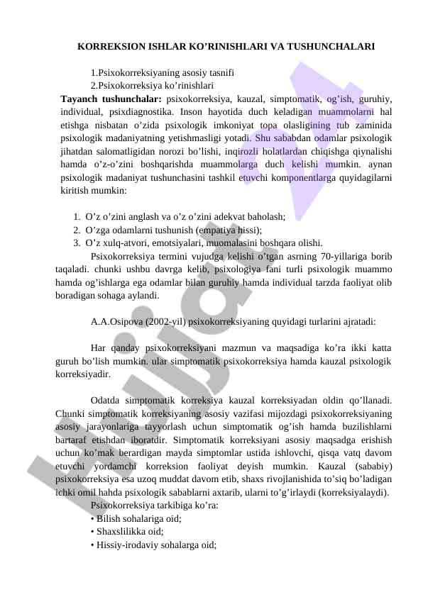 Psixokorreksiya asosiy tasniflari va ko'rinishlari