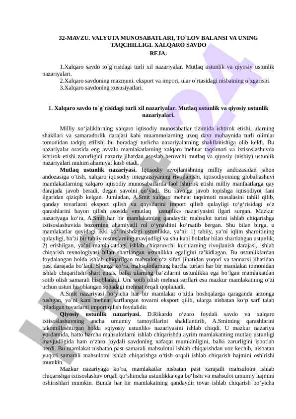 Valyuta munosabatlari va to'lov balansi tahlili