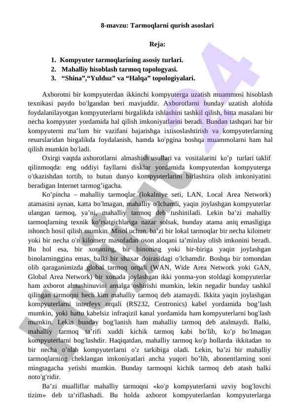 Tarmoqlarni Qurish Asoslari