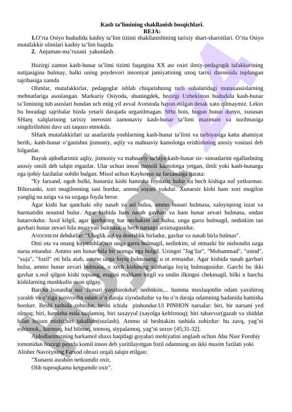 Kasb ta’limining shakllanish bosqichlari o‘rta osiyoda