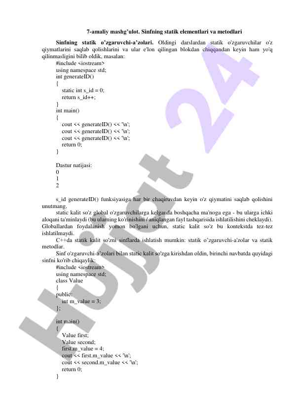 Sinfning statik elementlari va metodlari