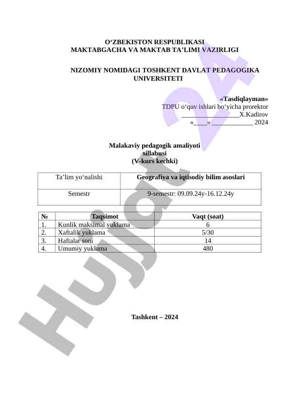 Malakaviy pedagogik amaliyoti sillabusi