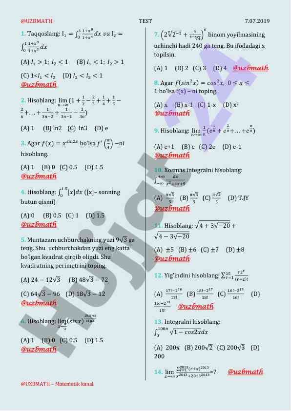 Matematika testlari: hisoblash va taqqoslash