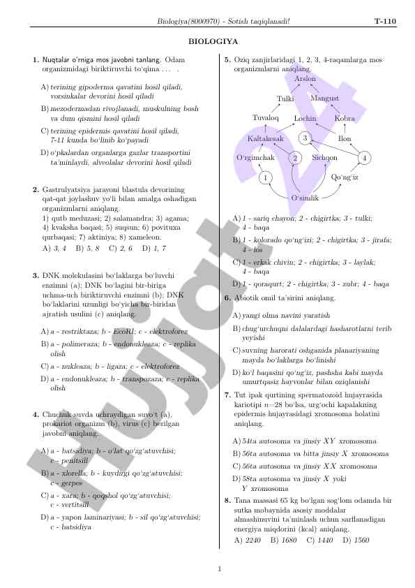 Biologiya imtihon test savollari