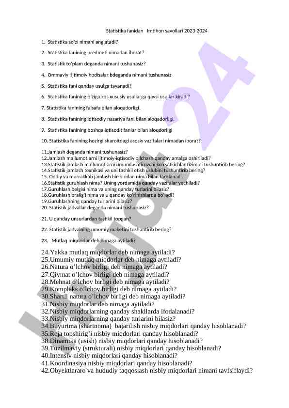 Statistika fanidan imtihon savollari 2023-2024