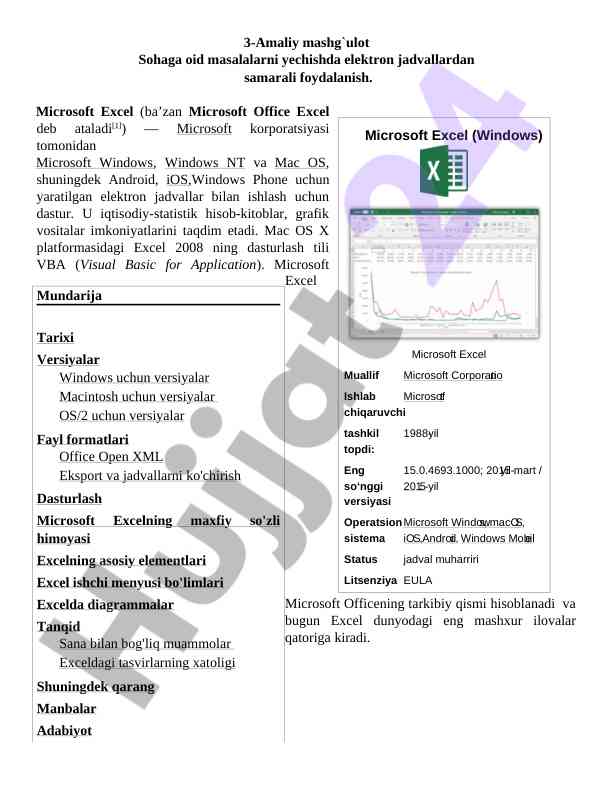 Microsoft excel dasturida elektron jadvallar foydasi
