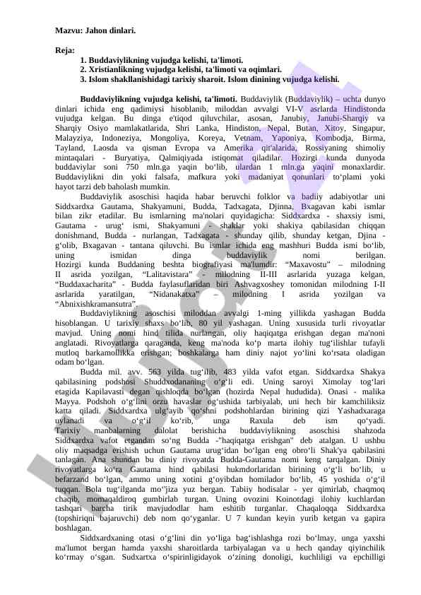 Jahon dinlari: buddaviylik, xristianlik va islom