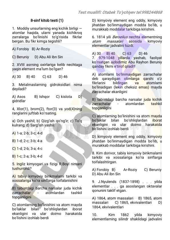 8-sinf kitob testi bilan ta'lim olish usullari