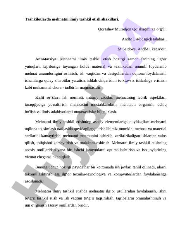 Mehnatni ilmiy tashkil etish shakillari haqida ma'lumot