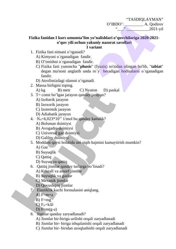 Fizika fanidan yakuniy nazorat savollari 2020-2021