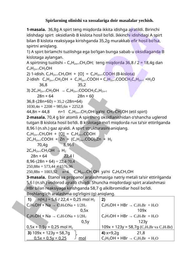 Spirlarning olinishi va xossalari masalalari