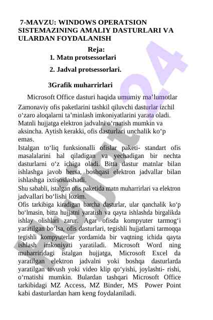 Windows operatsion sistema dasturlari va foydalanish