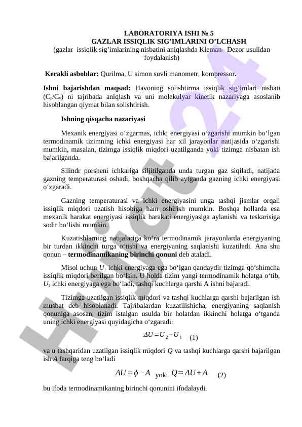 Gazlar issiqlik sig'imlarini o'lchash tajribasi