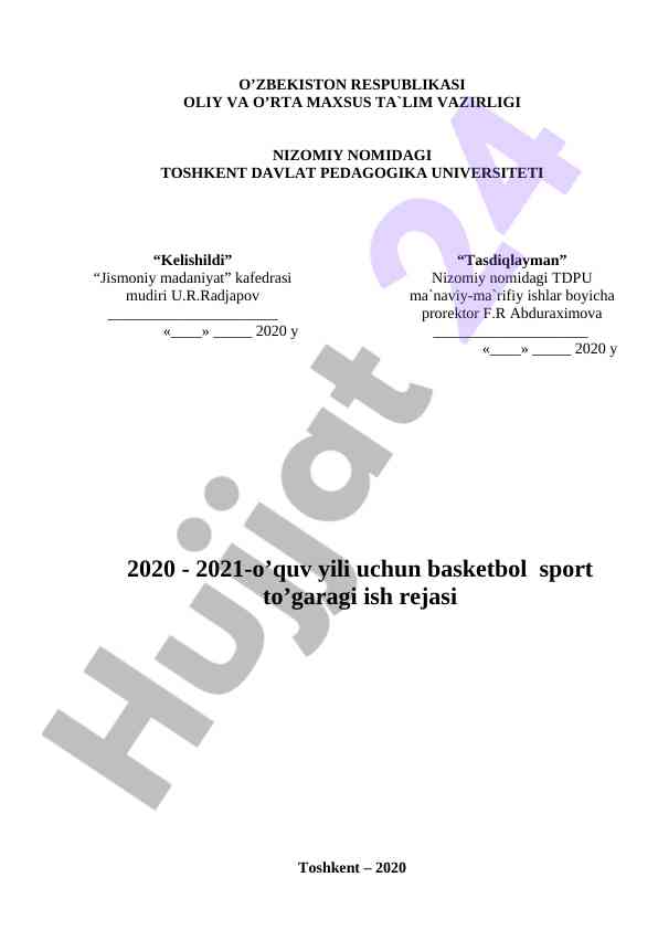 Basketbol sport tog‘aragi ish rejasi 2020-2021