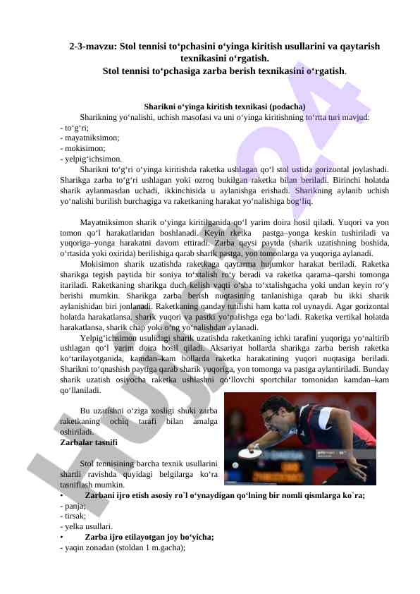 Stol tennisi to‘pchasini o‘yinga kiritish usullari