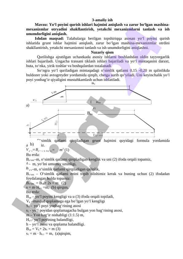 Yo‘l poyini qurish ishlari hajmini aniqlash